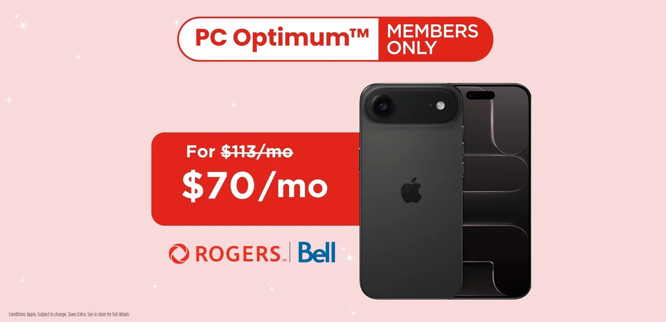The front of a black iPhone Air against a pink background beneath a red badge that reads "PC Optimum Members Only"